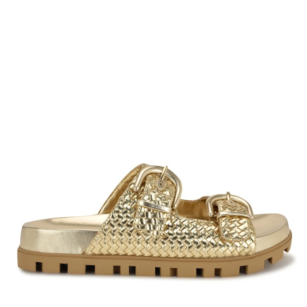 Nine West Gold Braided Buckle Slide Sandals - Picture 4 of 5